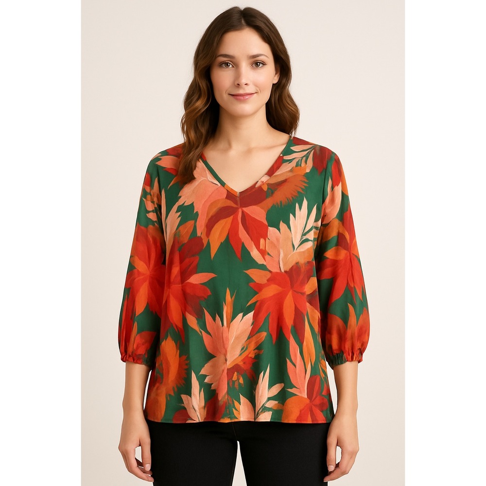 NWT Southern Stitch Womens 2XL Green Floral V Neck Long Sleeve Blouse Top‎